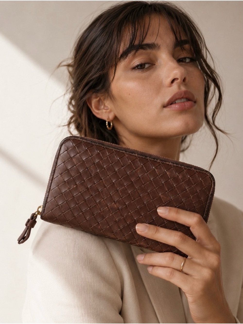 Bottega Veneta Intrecciato Leather Zip Wallet in Dark Brown